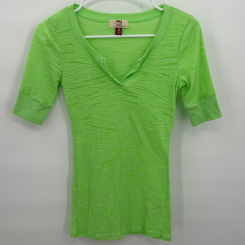 LEI Womens Neon Green Ribbed Zebra Print Elbow Sleeve Top Size M 7/9 Y2K Juniors